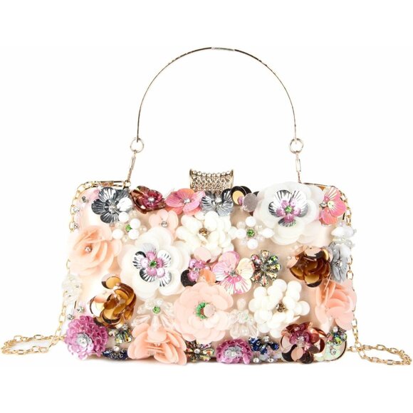 Women's Lanpet Flower Clutches Evening Shoulder Chain Strap Wristlet Pink Bag - Picture 1 of 6